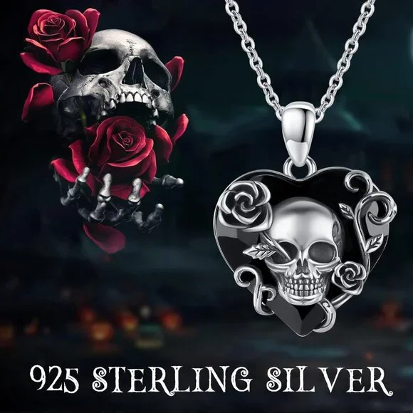 Skull Necklace 925 Sterling Silver Rose Skull Pendant with Austrian Black Heart